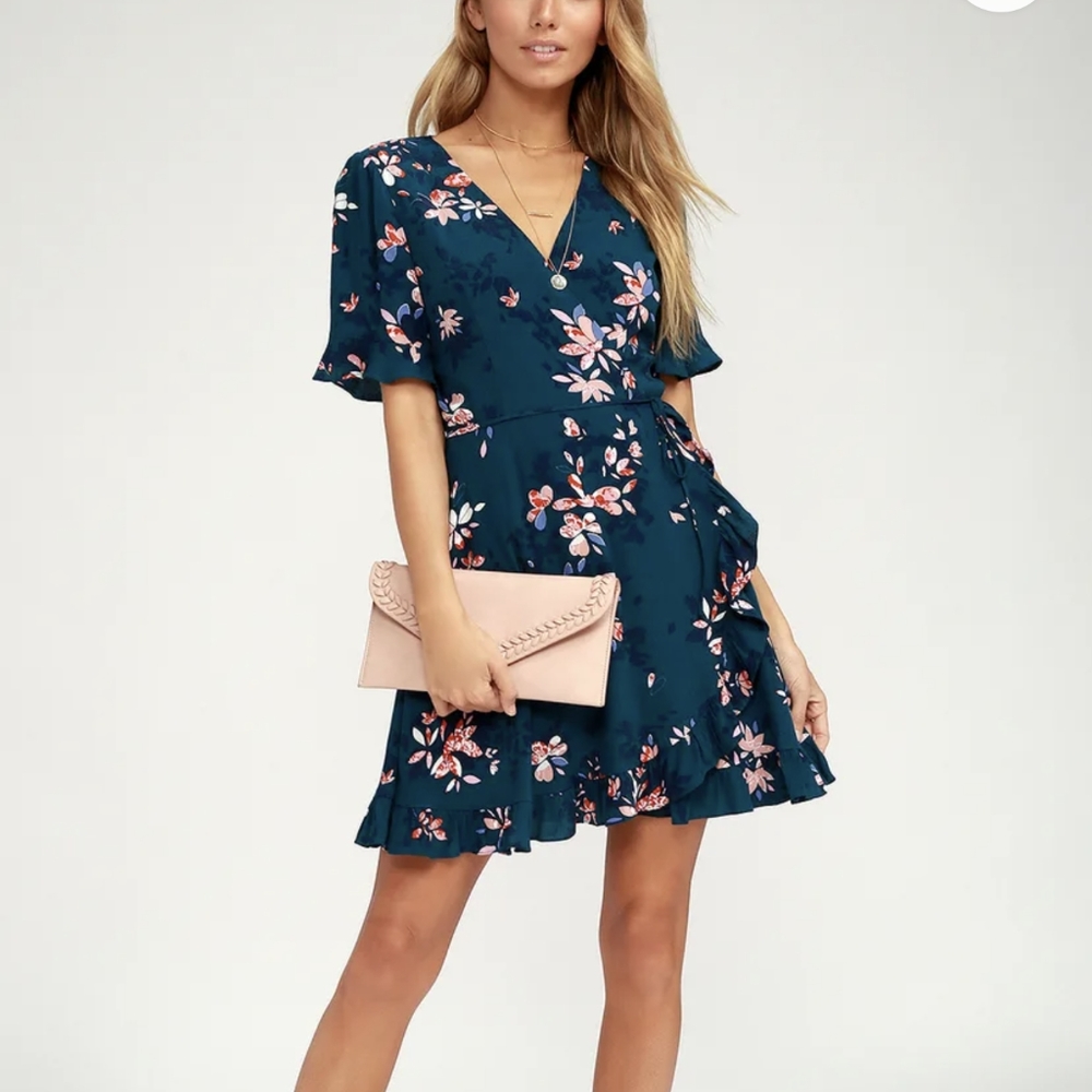 Teal Blue Floral Print Ruffled Wrap Dress, Size Small